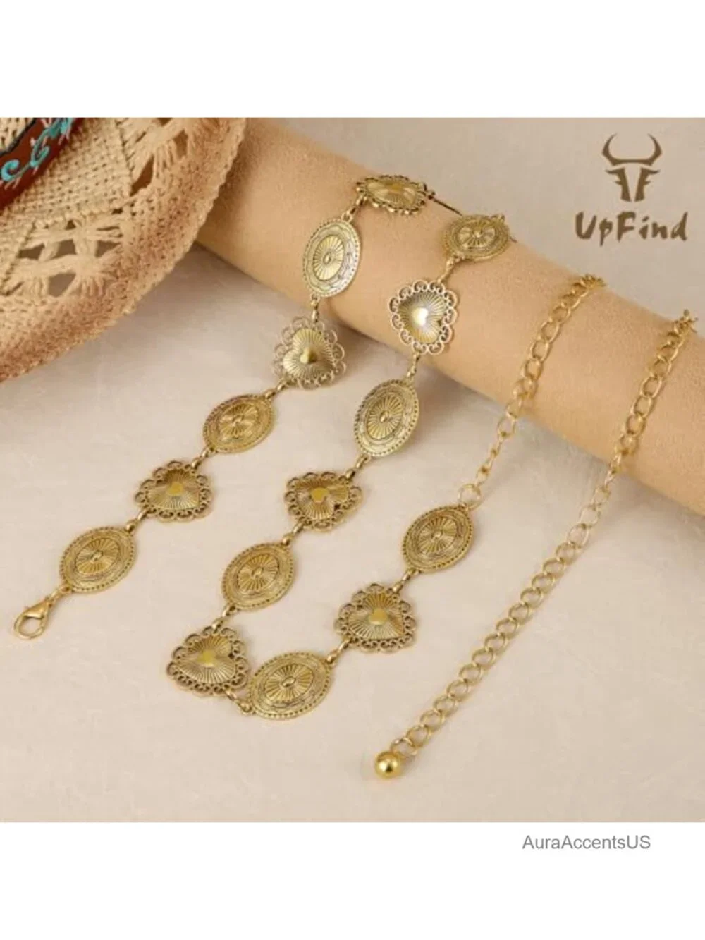 Metal Chain Belt Concho Belt Cowgirl Waist Link for Jeans Dresses Concert Boho